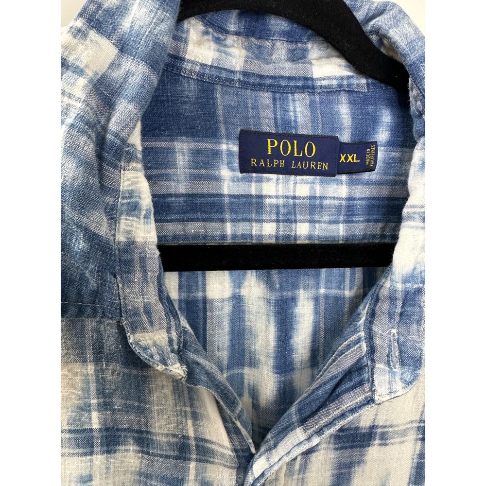 Polo Ralph Lauren 100% Linen Mens Blue White Tie Dye Plaid Button Down Shirt XXL - Picture 13 of 15